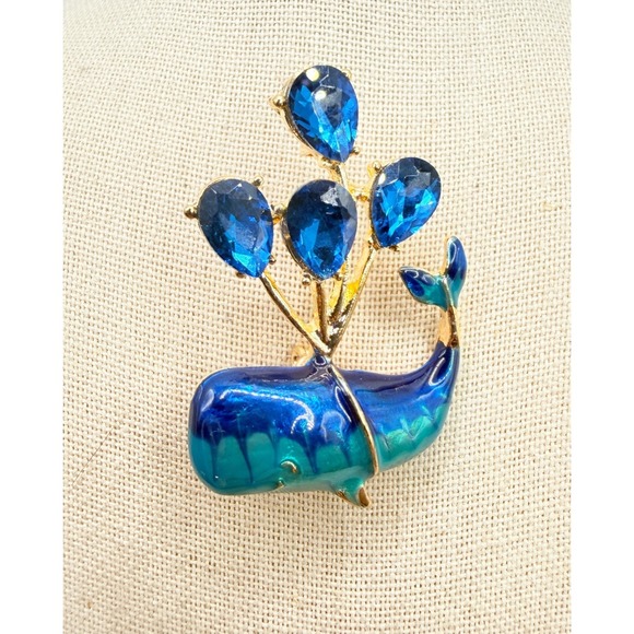 Source Unknown Jewelry - Blue Glass Whale Brooch Gold Tone Crystal Water Spout Ocean Animal Pin